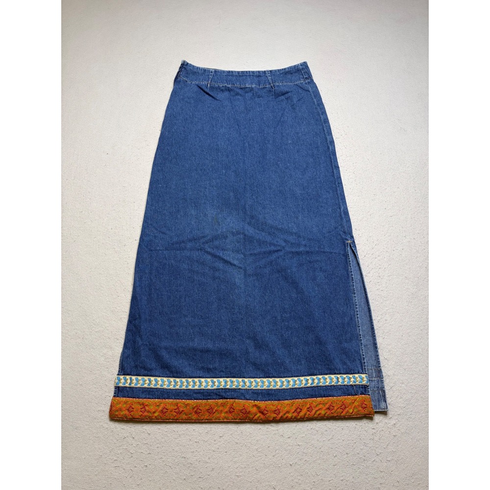 Sideout Denim Maxi Skirt Women S Blue Y2K Embroidered Ribbon Trim Side Slit